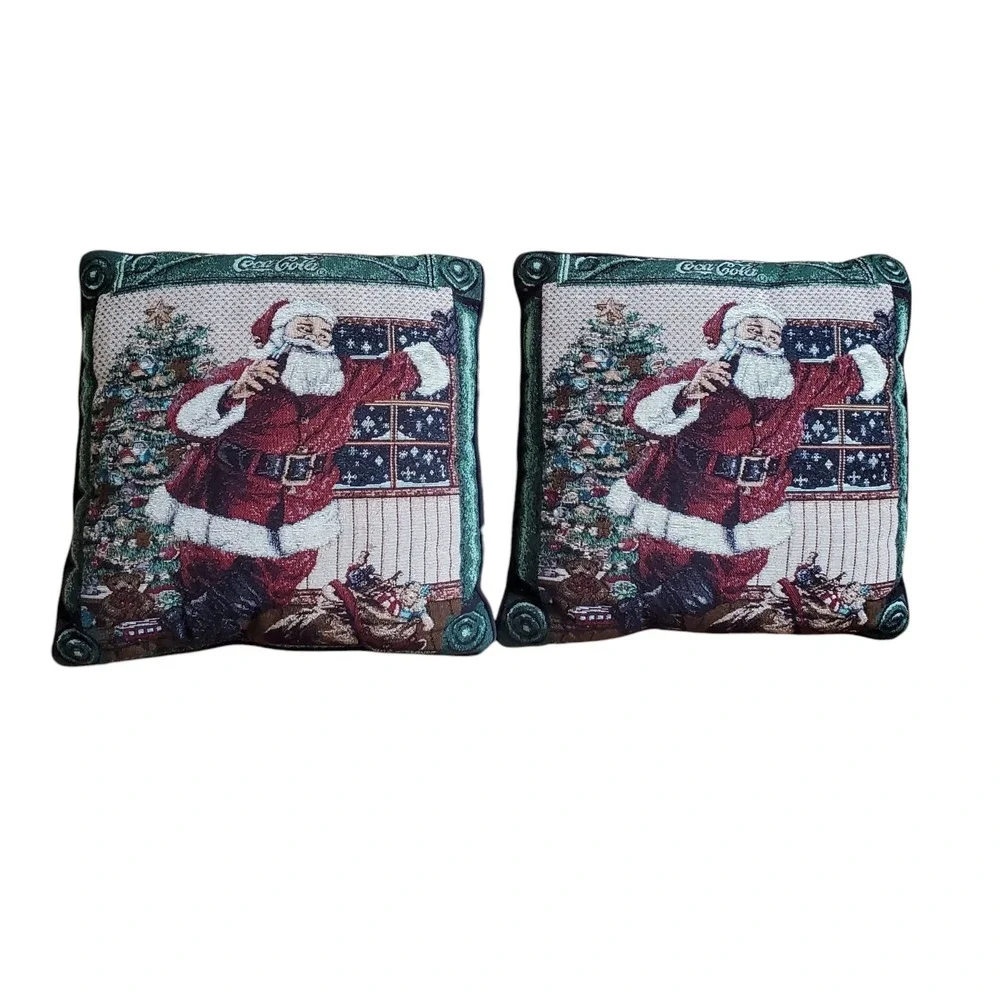 Vintage Coca Cola Tapestry Christmas Santa Claus‎ Pillows Set Of Two